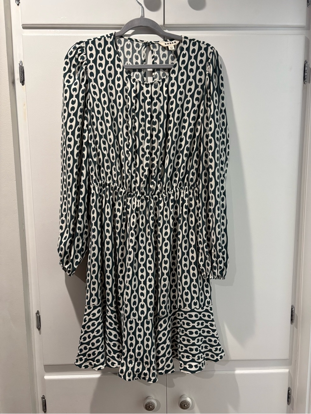 Boden Green and White Chain-Link Long Sleeve Dress 10R
